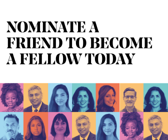 A bold text reads "Nominate a friend to become a fellow today" above a grid of diverse headshots in colorful squares, featuring men and women of various backgrounds.