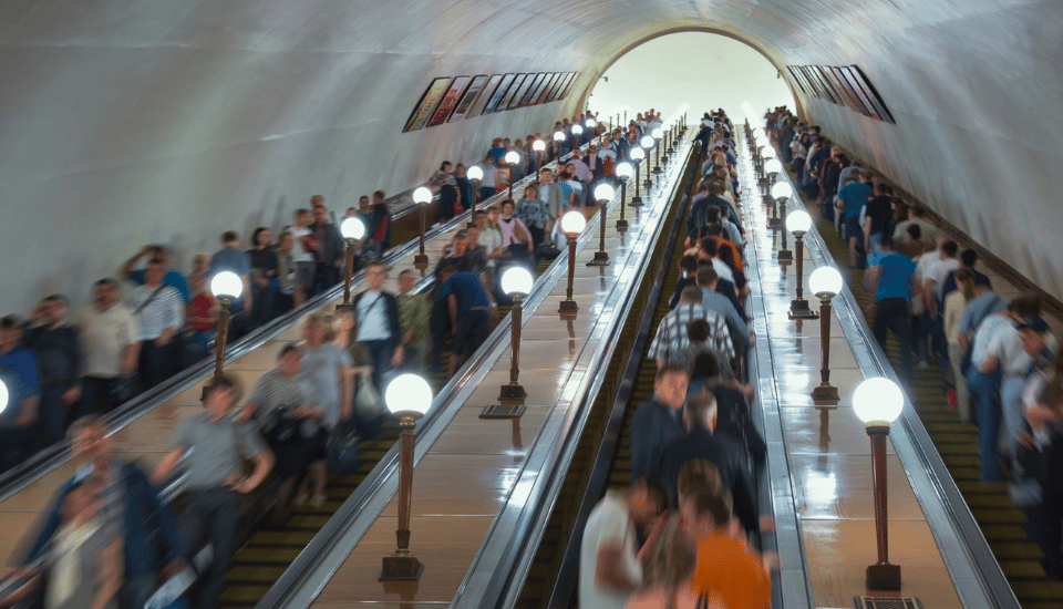 A crowded underground metro escalator with people moving up and down, surrounded by bright round lights and tunnel walls adorned with framed posters.