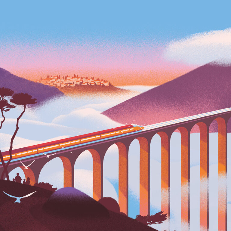 A sleek red train crosses a tall arched viaduct above misty hills at sunrise, with a distant town and soft pink-orange sky in the background. Silhouetted figures and birds are visible in the foreground.