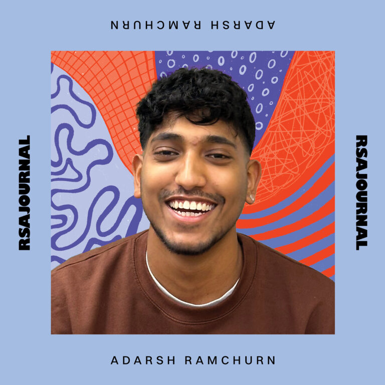 A smiling young man with short dark hair and a trimmed beard, wearing a brown sweater, is centered over a vibrant abstract background with blue, orange, and purple patterns. The text "RSAJOURNAL" and "ADARSH RAMCHURN" frames the image.