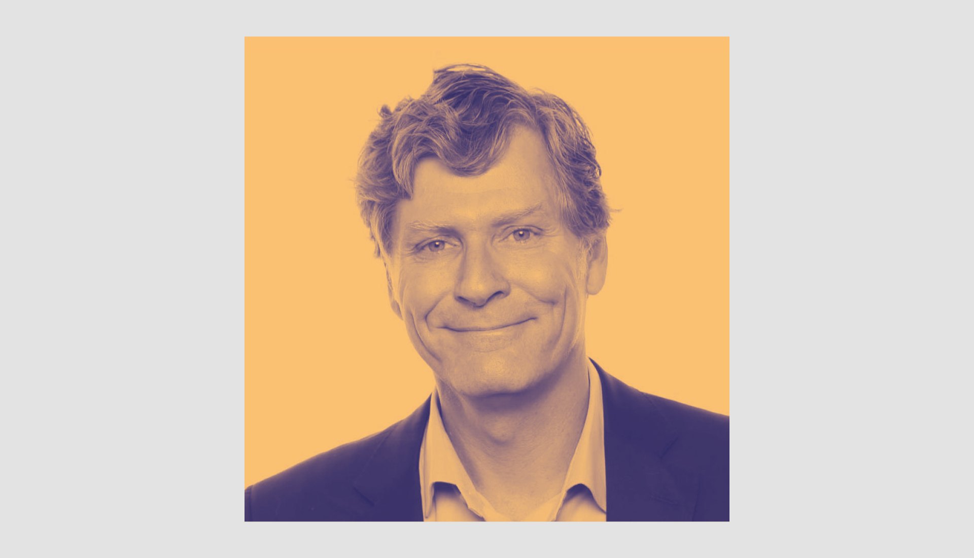 An image of Brian Hole, a middle-aged man with wavy hair, wearing a suit jacket and collared shirt, smiles softly. The image has a yellow and purple color filter with a light gray border.