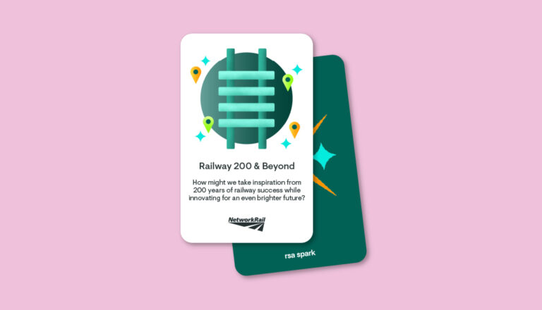 A card featuring stylized railway tracks, map pins, and sparkles. Text reads: "Railway 200 & Beyond. How might we take inspiration from 200 years of railway success while innovating for an even brighter future?" Network Rail logo shown.
