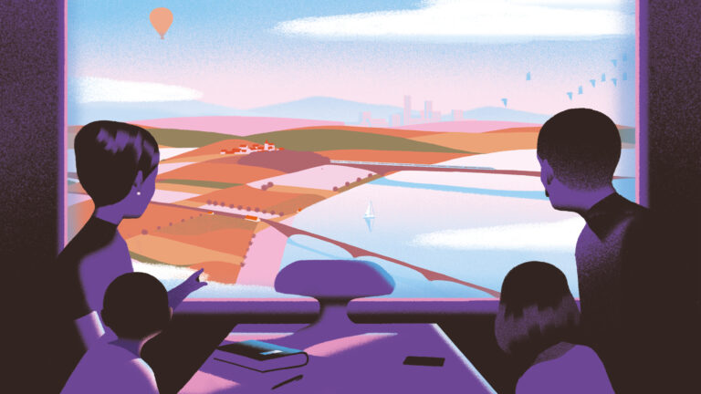 Four people sit inside a train, looking out a large window at a scenic landscape with rivers, fields, a sailboat, a hot air balloon, distant city, and birds flying in the sky.