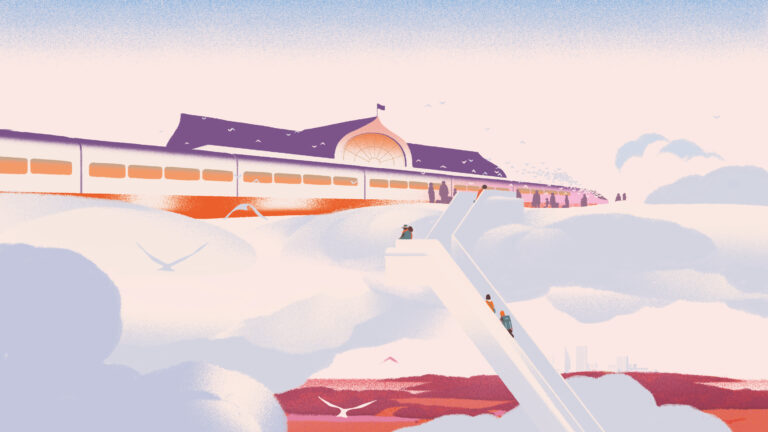 A stylized illustration of people walking up a long staircase through clouds toward a large, elegant train station, with a train beside the platform and birds flying in the pastel sky.