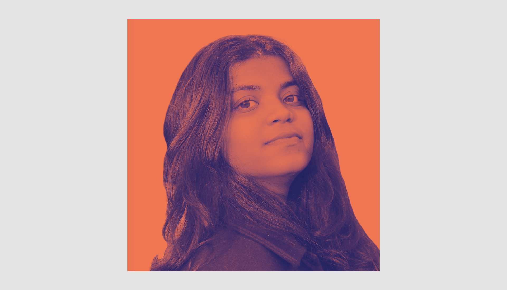 An image of Hannah Abraham, a young woman with long dark hair looks slightly over her shoulder against an orange background. The image has a duotone effect in deep blue and orange hues.