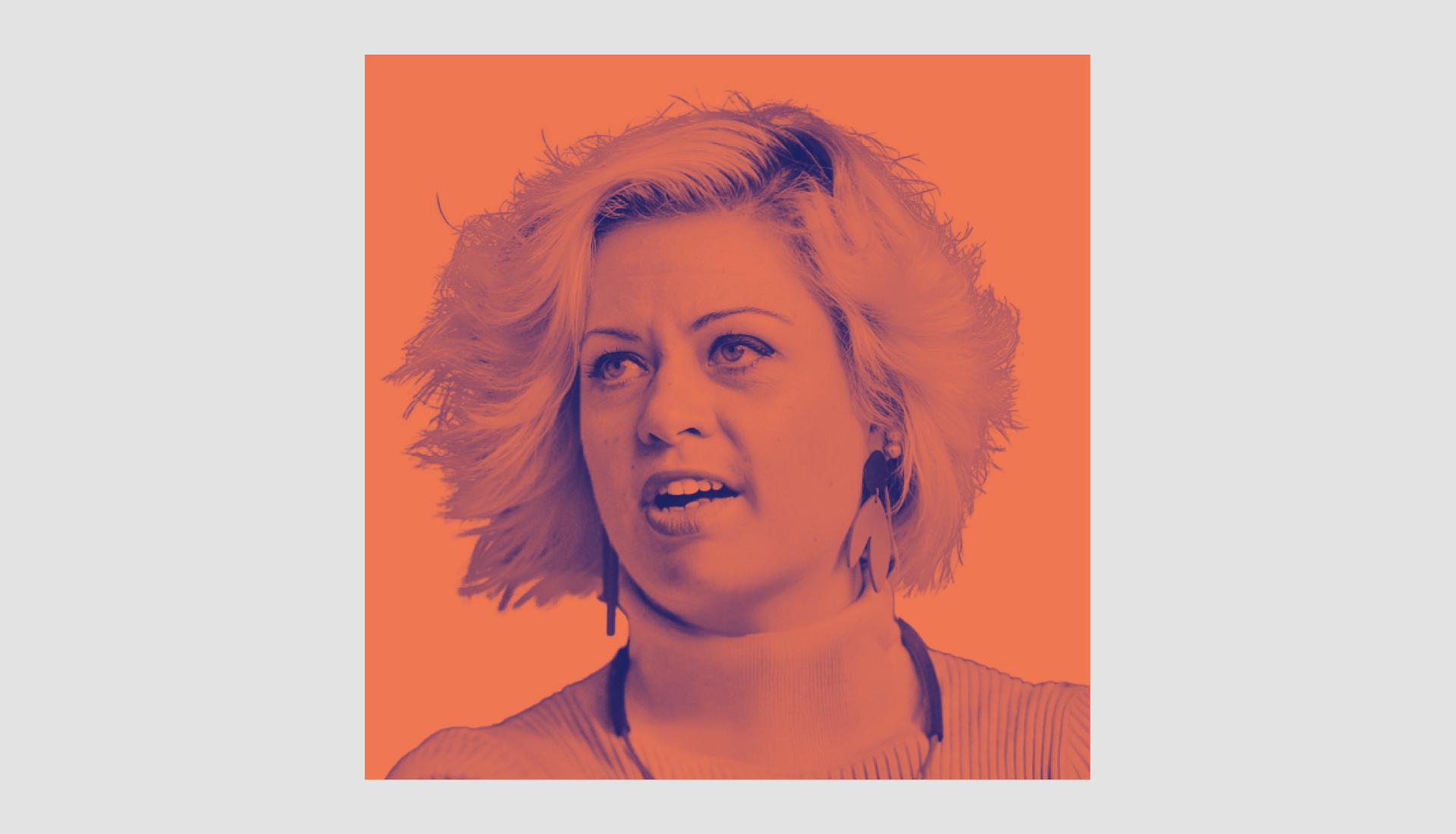 An image of Lisa Lang with short, wavy hair and earrings is speaking, shown in a duotone orange and dark blue color scheme against an orange background.