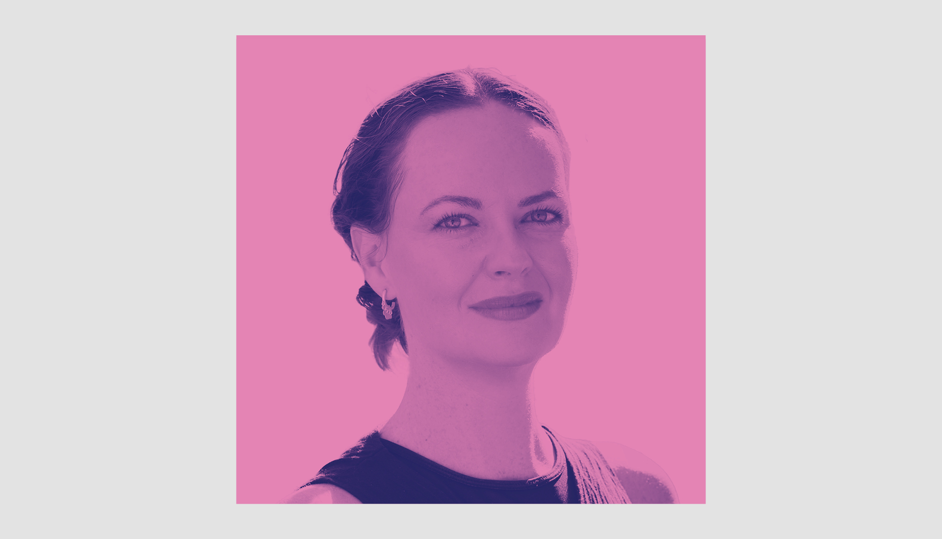 An image of Melanie Smuts with braided hair and earrings looks forward with a calm expression. The image has a pink and purple color filter and a plain pink background.