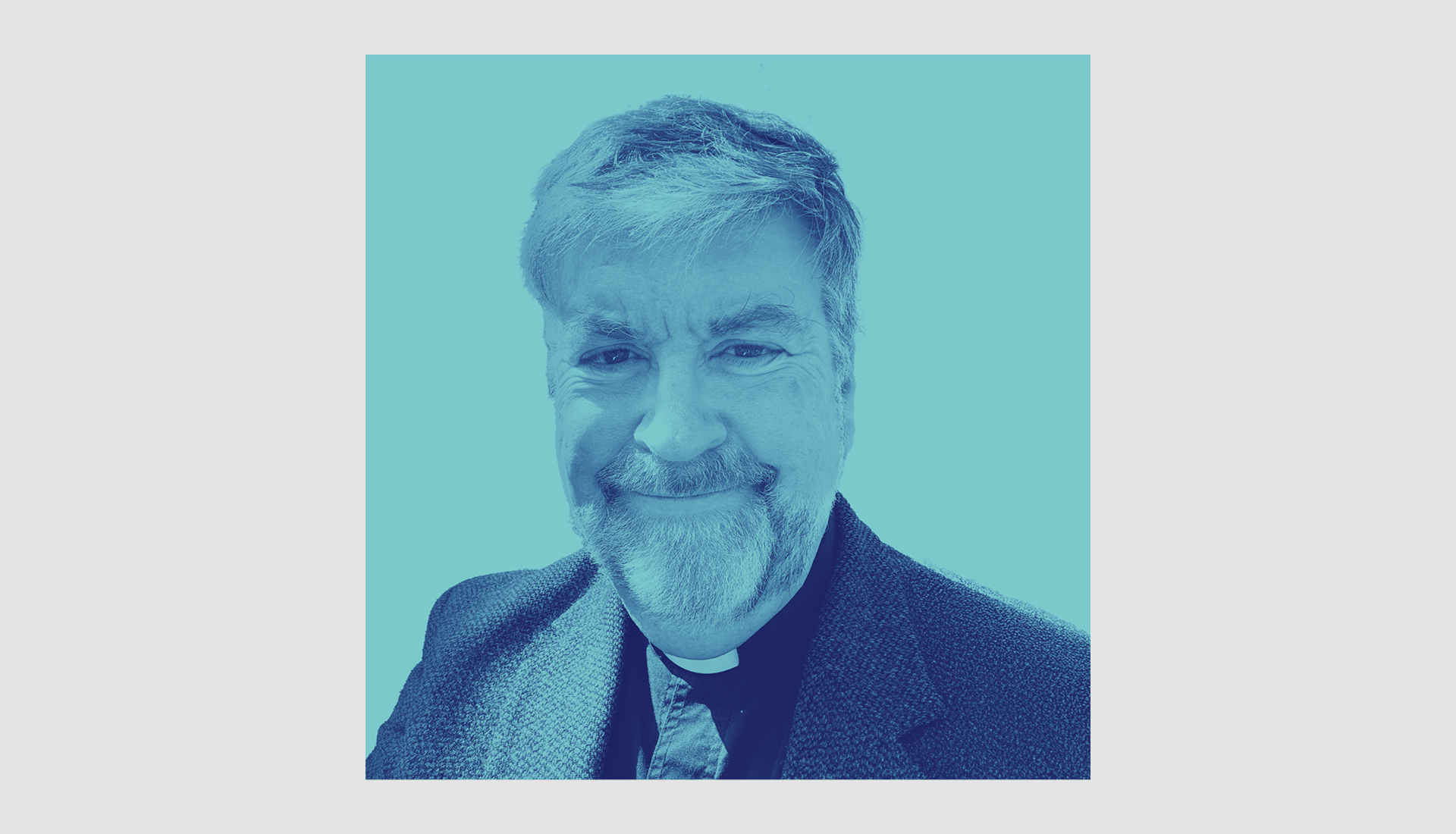An image of Tim Barker, a bearded man with short hair, wearing a dark jacket and a clerical collar, smiles at the camera. The image uses a blue monochrome filter with a light blue background.