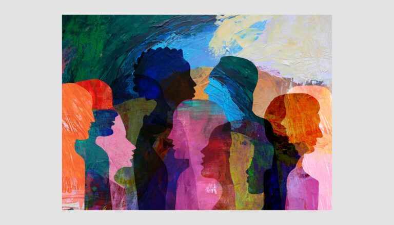 A colorful abstract painting shows overlapping silhouettes of people in various vibrant hues, including blue, green, pink, orange, and purple, creating a sense of diversity and unity against a textured background.