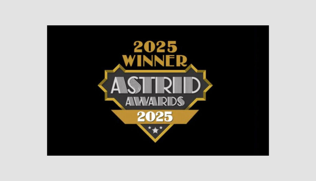 A black and gold badge reads "2025 Winner ASTRID Awards 2025" in bold, stylized text against a black background.