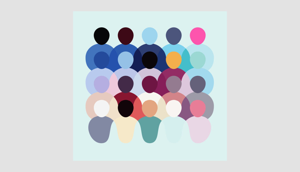 Abstract illustration of a diverse group of people represented by overlapping, colorful circles and ovals, arranged in rows on a light blue background. No facial features or details are shown.