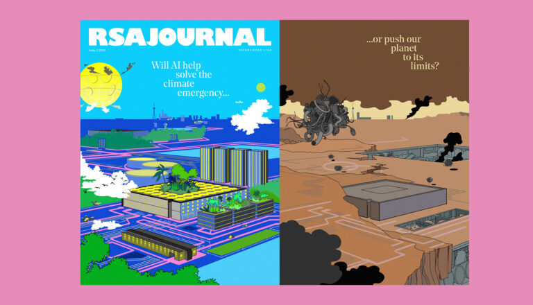 Split image: Left side shows a bright, futuristic city with AI circuits in green landscapes. Right side depicts a barren, cracked wasteland with tangled wires and debris. Text asks if AI will solve climate change or push the planet to its limits.