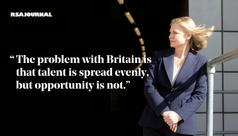 A woman in a blue suit stands outside by a railing, looking thoughtfully to the side. A quote next to her reads: "The problem with Britain is that talent is spread evenly, but opportunity is not.
