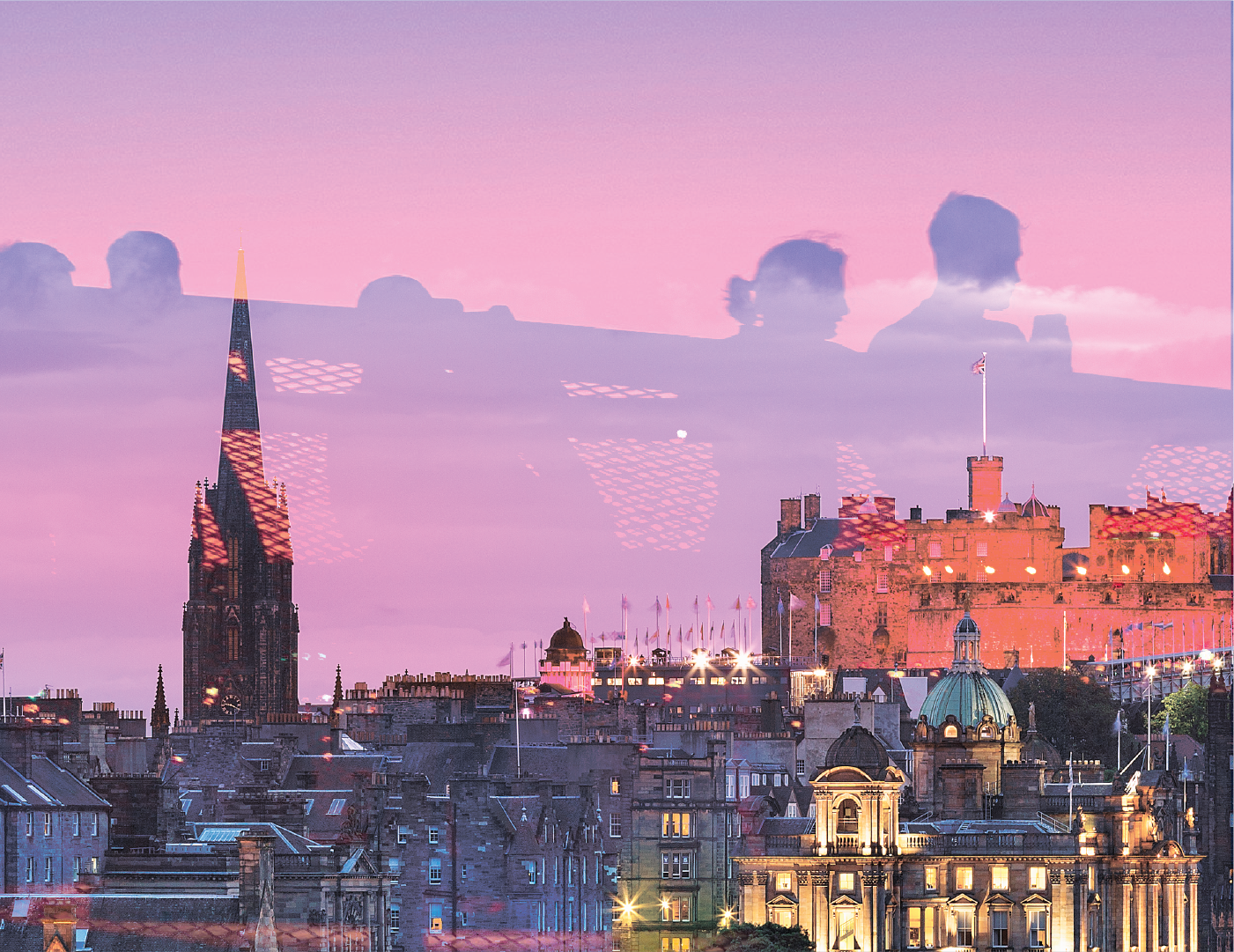 A cityscape at sunset with historic buildings and a tall spire, overlaid with reflections of people’s silhouettes against a pink and purple sky, creating a layered, dreamy effect.