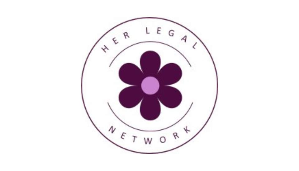 A logo featuring a purple flower with eight petals inside two concentric circles, inspired by the creativity of Lynsey Shaw FRSA. The words "HER LEGAL NETWORK" are written around the flower within the circles.