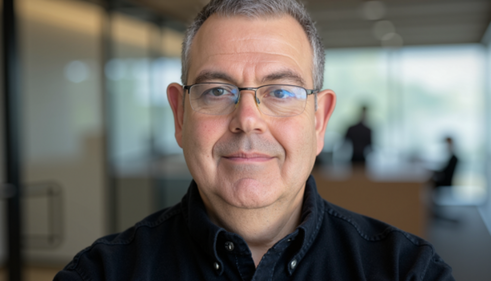 A middle-aged man with short gray hair and glasses smiles softly, standing in a modern office with glass walls. Two blurred people are visible in the background, seated at a table.