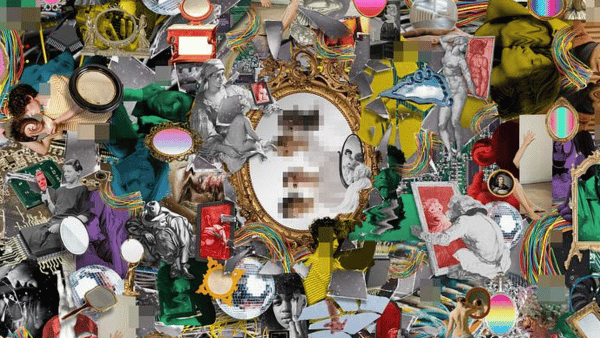 A colorful collage featuring various classical artworks, faces, and objects, all surrounding a central ornate mirror with a blurred reflection—much like an rsa case study curated by Lynsey Shaw FRSA, the scene is chaotic and vibrant with overlapping images and patterns.