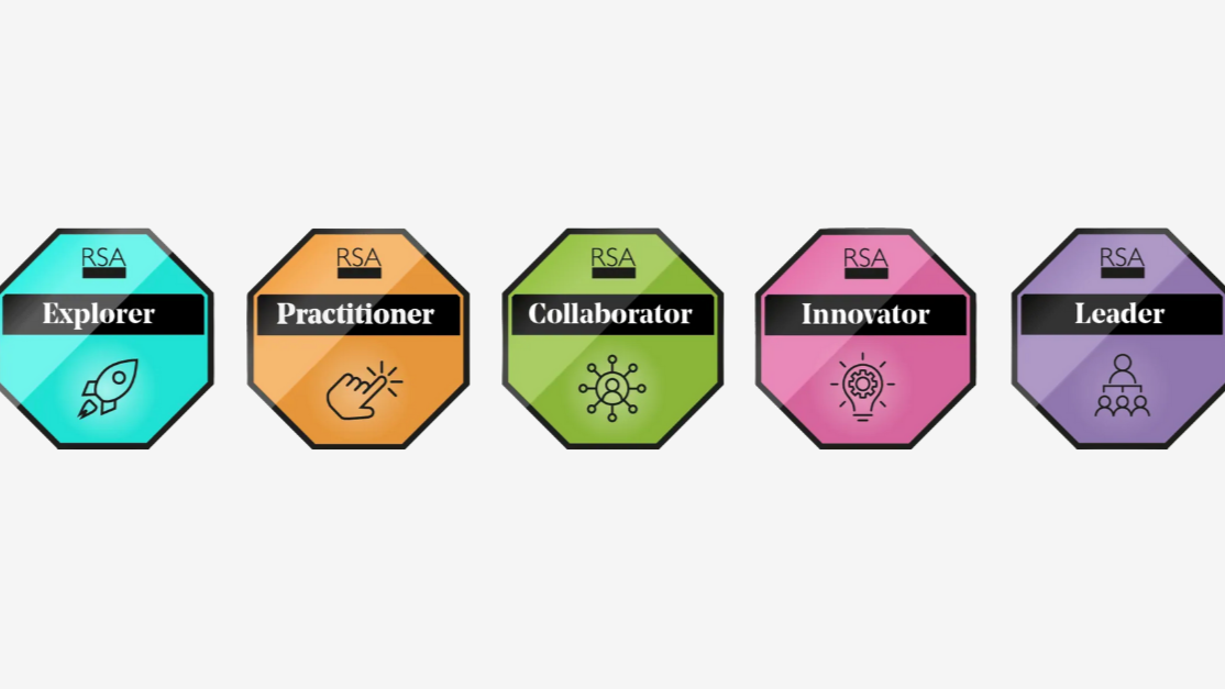 Four octagonal badges labeled Explorer (orange, rocket icon), Practitioner (yellow, hand icon), Collaborator (green, network icon), Innovator (pink, lightbulb icon), and Leader (blue, group icon), all with RSA logos.