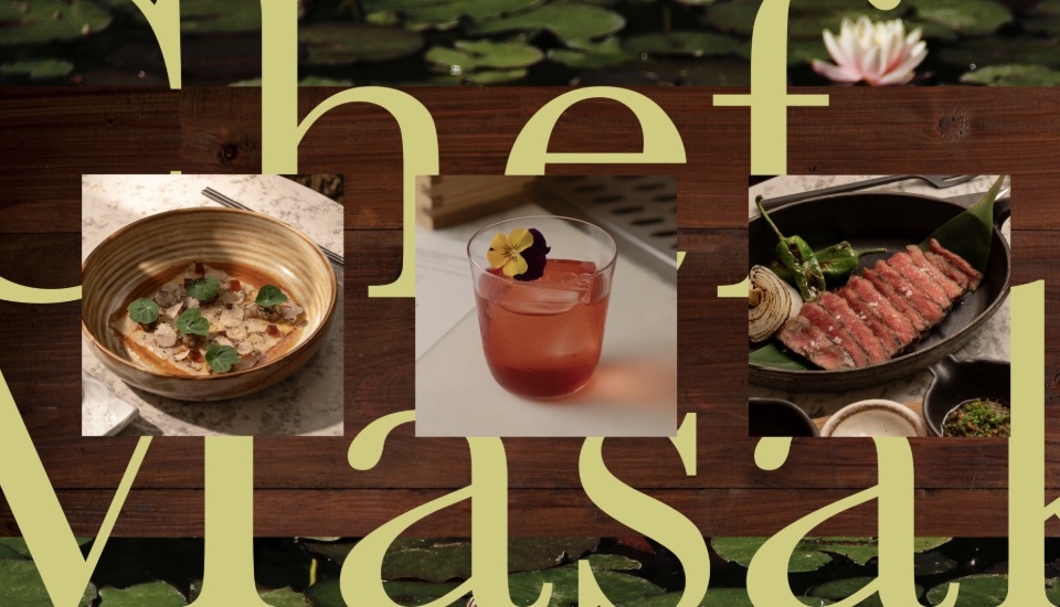 Three dishes are displayed: a bowl of gourmet food with greens, a pink cocktail garnished with a flower, and sliced steak on a skillet. The photos are arranged on a wooden background with large yellow text.