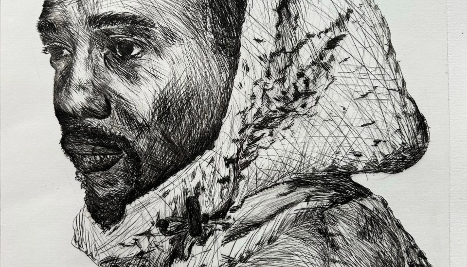 A detailed black ink sketch shows a man in profile wearing a hooded jacket. The crosshatched lines create texture and depth, emphasizing the fabric folds and the man's thoughtful expression.