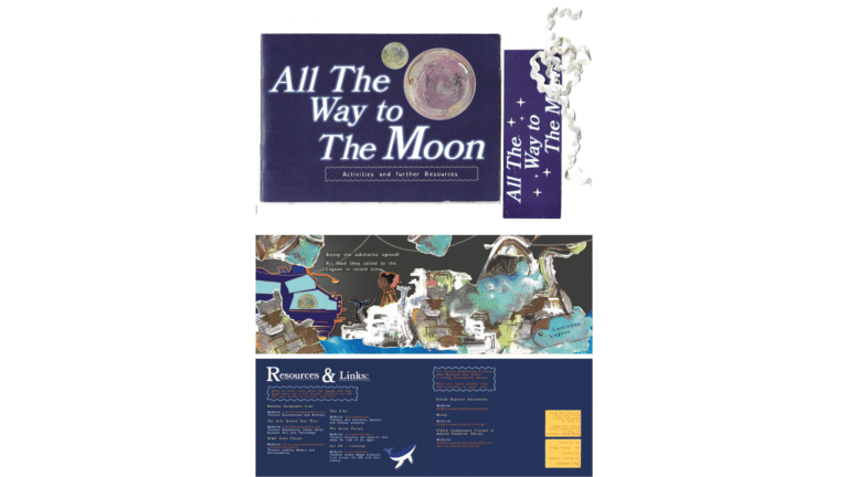 A collage featuring a booklet titled “All The Way to The Moon,” a torn moon image, a colorful illustrated map, and a dark blue resource page with web links, a plane graphic, and yellow sticky notes.
