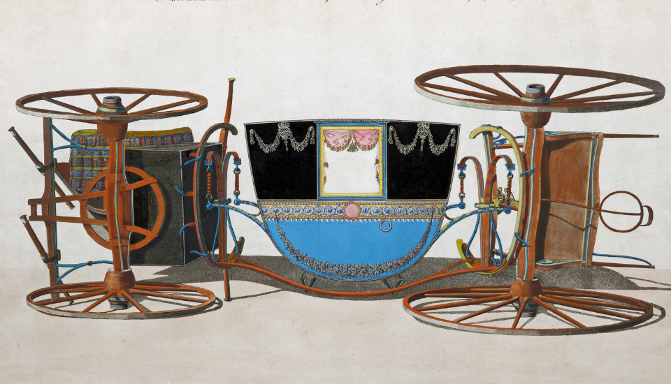 An illustration of an ornate blue and black horse-drawn carriage shown without horses, lying on its side, displaying large spoked wheels, decorative trim, and detailed embellishments on the body.
