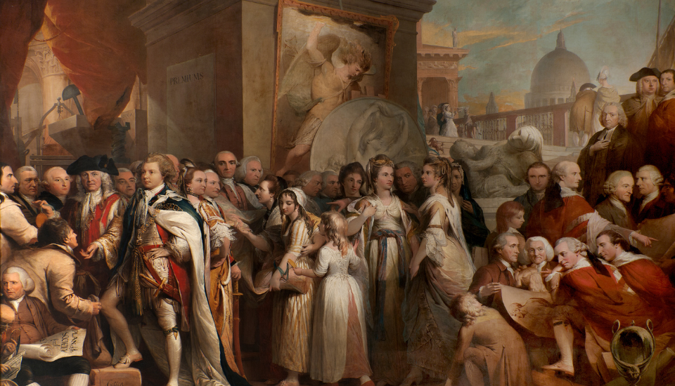 A large group of men and women in historical clothing gather in an ornate, classical setting with statues, columns, and a domed building in the background; some figures are holding scrolls and sketches.
