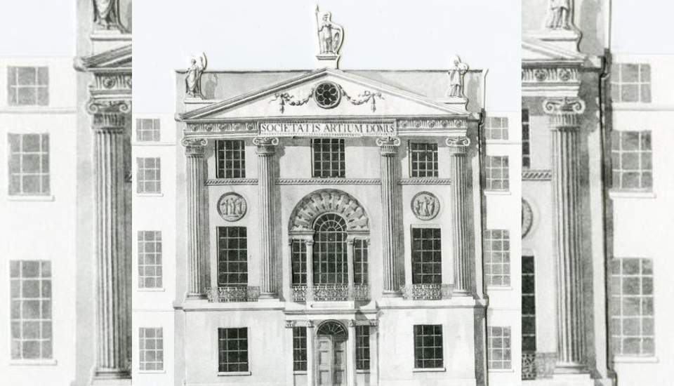 Black and white drawing of a grand neoclassical building with tall columns, arched doorway, decorative statues, and Latin text "SOCIETATIS ARTIUM" inscribed above the entrance.