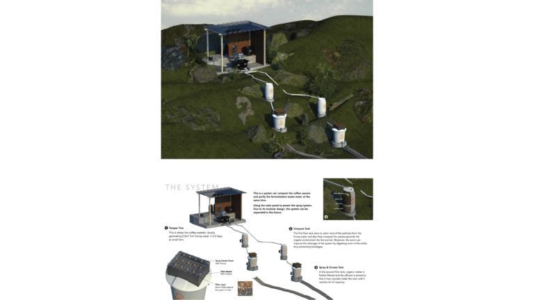 A diagram shows a hillside with a solar-powered house and a series of four vertical water tanks connected by pipes, demonstrating a rainwater catchment and filtration system for off-grid use. Labels explain each stage of water purification.