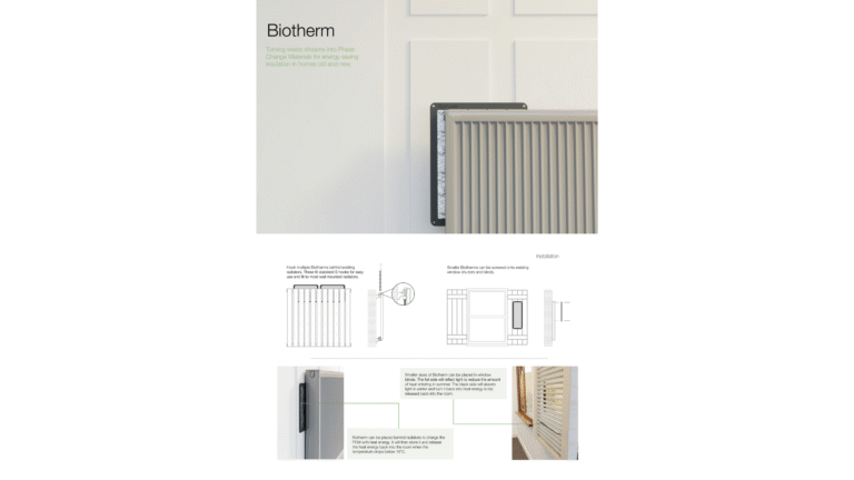 A wall-mounted Biotherm panel heater is shown in a modern interior. Technical diagrams below explain installation, features, and parts of the heater system, with text and labeled illustrations.