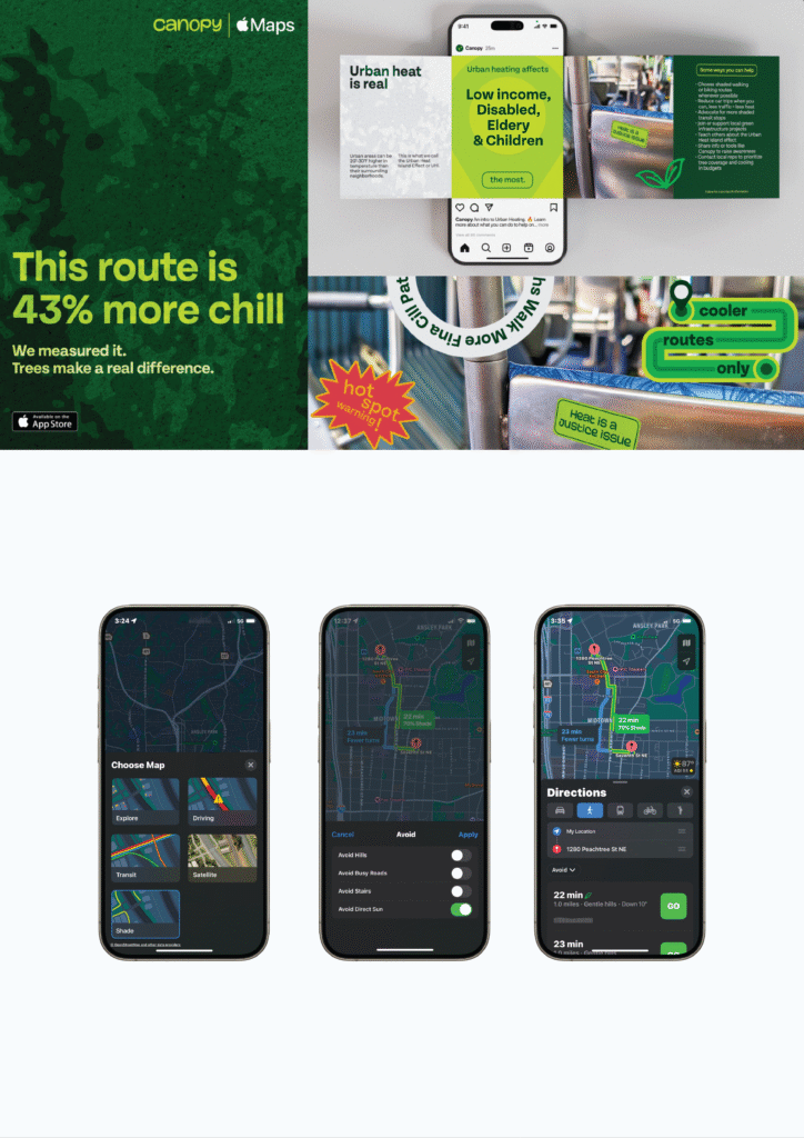 A collage shows Canopy Maps app marketing materials, an urban heat info sheet, and three smartphone screens displaying app features: route choices, tree cover filters, and directions highlighting cooler routes.