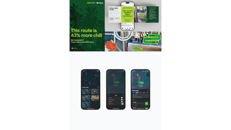 A collage shows green-themed promotional materials for a map app focused on tree-lined routes, including printed ads, phone screens with navigation options, and app interfaces highlighting tree coverage and route suggestions.