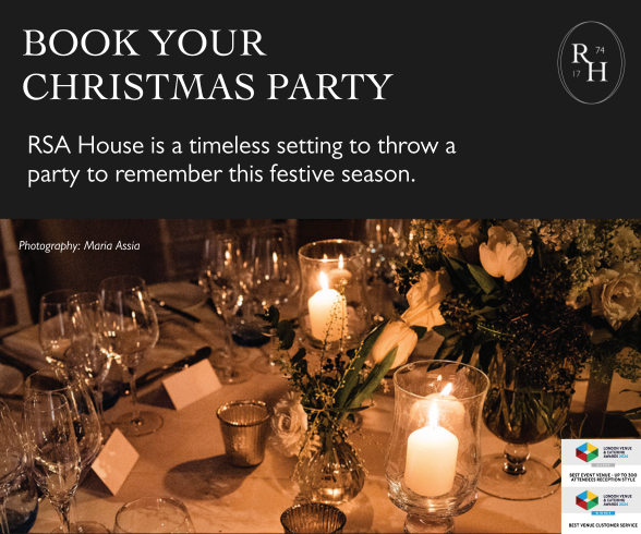A festive dinner table with lit candles, elegant glassware, and floral centerpieces. Text reads: "Book your Christmas party. RSA House is a timeless setting to throw a party to remember this festive season.