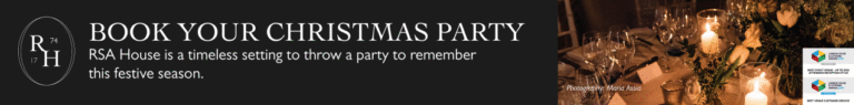 A festive table decorated with candles and glassware is shown at night. Text reads: “BOOK YOUR CHRISTMAS PARTY. RSA House, home of the RSA Journal, is a timeless setting to throw a party to remember this festive season.”.