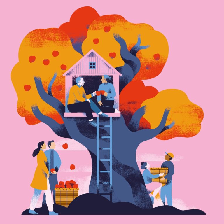 Illustration of people picking apples from a large tree with orange-yellow leaves. Two people sit in a treehouse, while others gather apples in baskets below. The background is pink, creating a bright, cheerful scene.