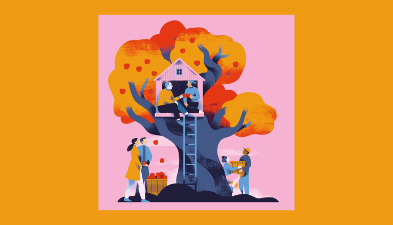 Illustration of people picking apples from a large tree with a treehouse. Some climb a ladder, others gather apples in baskets below. The background is pink with the scene framed by an orange border.