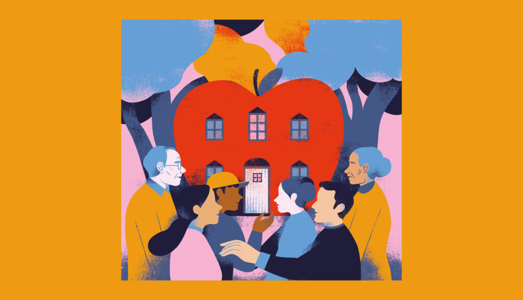 An illustration of diverse people of different ages standing in a circle around a red apple-shaped house, with trees in the background and an orange border framing the scene.