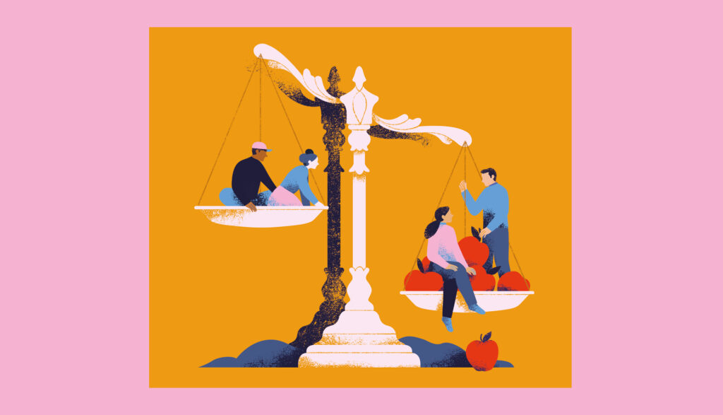 An illustration of two groups of people sitting on opposite sides of a large balancing scale; one side has two people, the other has one person and several apples. The background is orange with a pink border.
