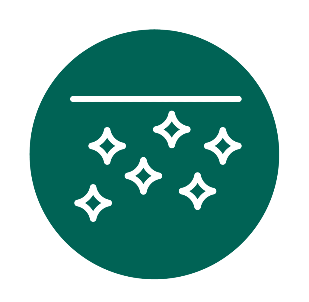 A green circle contains a white horizontal line near the top with six white sparkle or star icons below it, suggesting cleanliness or something sparkling.