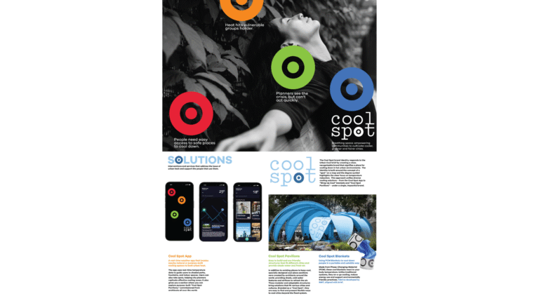 A promotional collage for “cool spot” shows a person relaxing outdoors, colorful circular icons, smartphone app screenshots, and a blue outdoor tent. Text highlights mental health resources and solutions for stress relief.