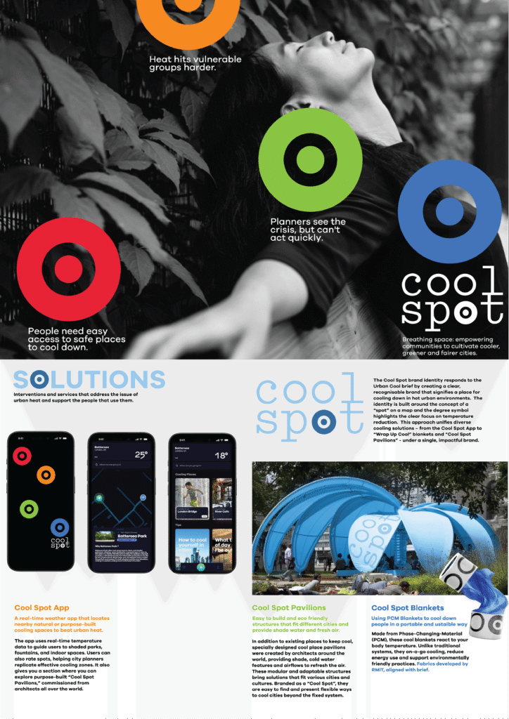 A poster features a woman lying on grass with overlays of colorful target graphics and text about "Cool Spot," a program for easy access to cooling areas. Solutions include a mobile app, shaded pavilions, and cool spot blankets.