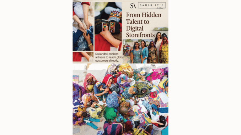A collage shows artisans handcrafting textiles, a group of women standing together and smiling, and a colorful display of fabrics laid out on the ground. Text reads: “From Hidden Talent to Digital Storefronts.”.