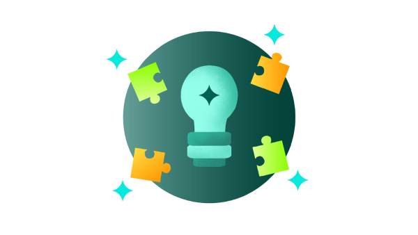 An illustration of a glowing light bulb in the center with four colorful puzzle pieces and blue sparkles surrounding it, set against a dark green circle on a white background.