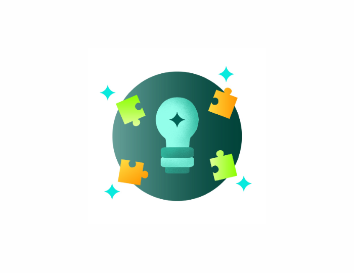 A glowing light bulb inside a dark green circle, surrounded by green and yellow puzzle pieces and blue sparkles, representing ideas and problem-solving.