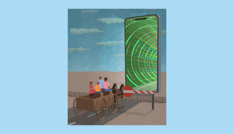 A family in a horse-drawn wagon approaches a giant smartphone standing vertically in the road, displaying a green, glowing, tunnel-like digital grid on its screen.