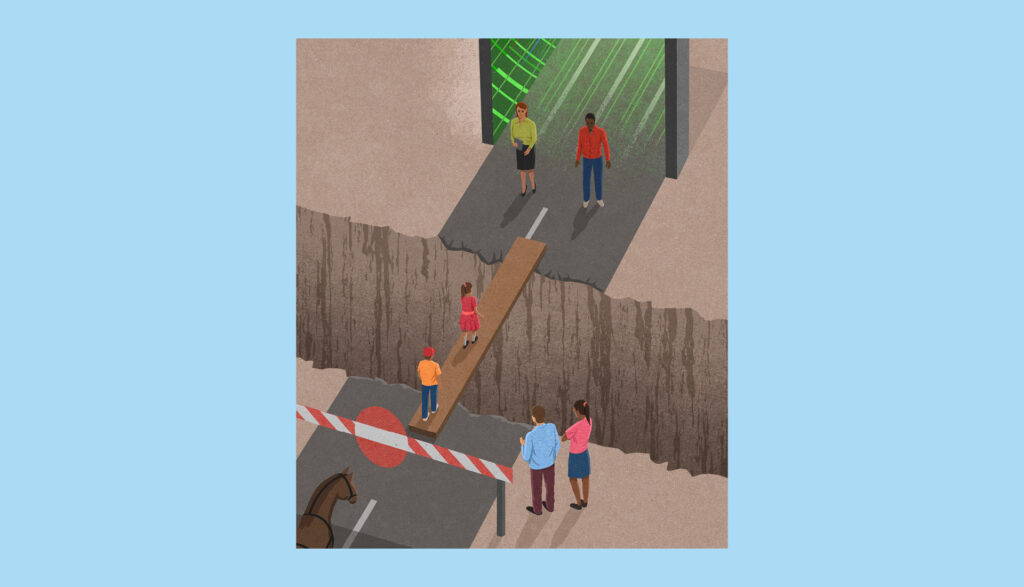 Three adults and two children stand at the edge of a deep chasm. One child crosses a narrow plank bridge toward two adults waiting near a green-lit, futuristic door on the other side. A roadblock is in the foreground.