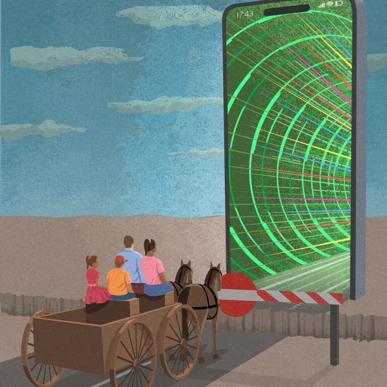 An illustrated image of four people riding in a horse-drawn cart face a giant smartphone with a radar screen, which blocks their path. A red and white barrier arm is attached to the phone, creating a roadblock in a barren landscape.