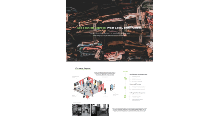 A stack of folded clothes with the text "Eco Fashion Express: Wear Local, Think Global" above a concept layout diagram for a sustainable fashion store, featuring labeled sections and short descriptions.