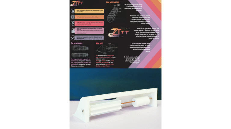 A brochure with text and graphics about a technology called LLTT, featuring colorful diagonal stripes at the top and a white mechanical device with rollers displayed below on a blue surface.