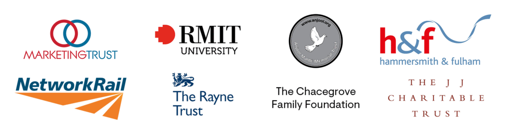 Spark partner logos. A collection of eight logos from various organizations, including Marketing Trust, RMIT University, Network Rail, The Rayne Trust, The Chacegrove Family Foundation, The JJ Charitable Trust, Hammersmith & Fulham, and a bird in a circle.